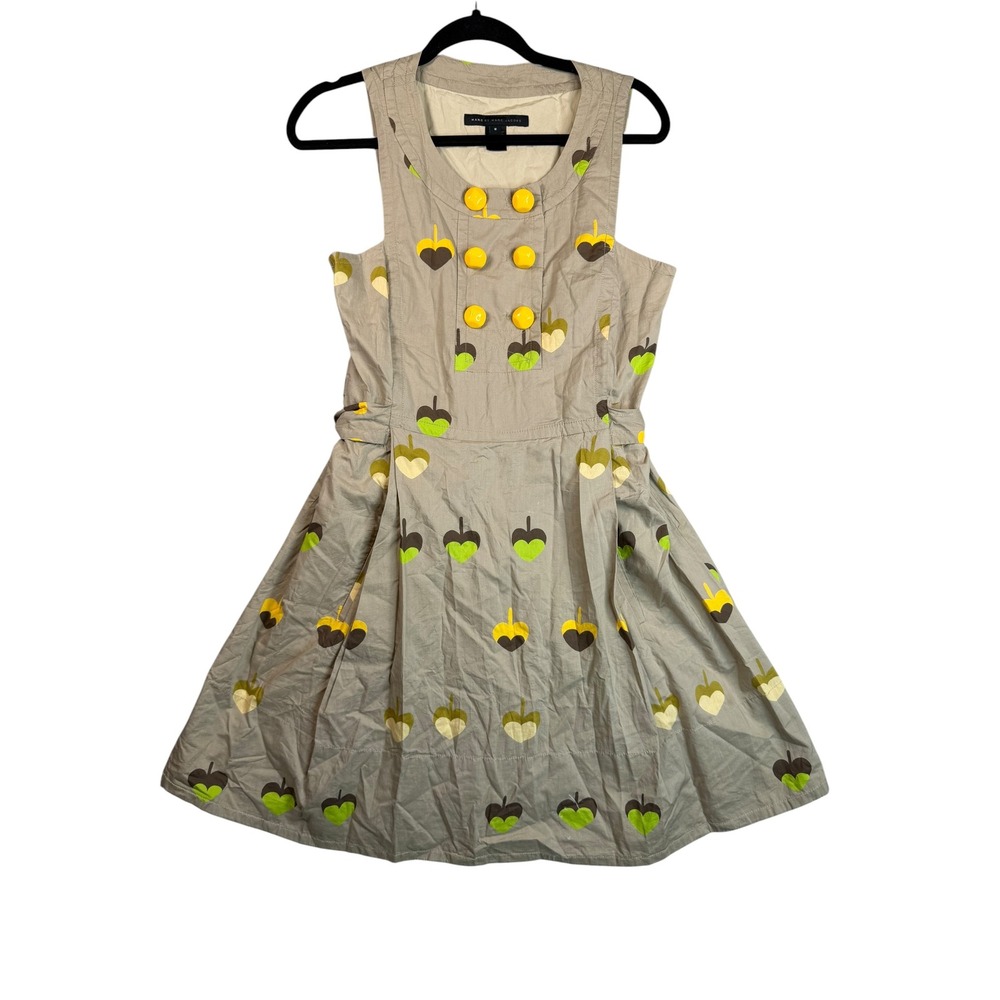Marc by Marc Jacobs Heart‎ Print Button Front Cotton Dress Tan Green Yellow Sz 8